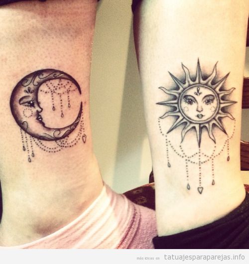 Tatuajes en pareja de la lun y el sol en la pierna