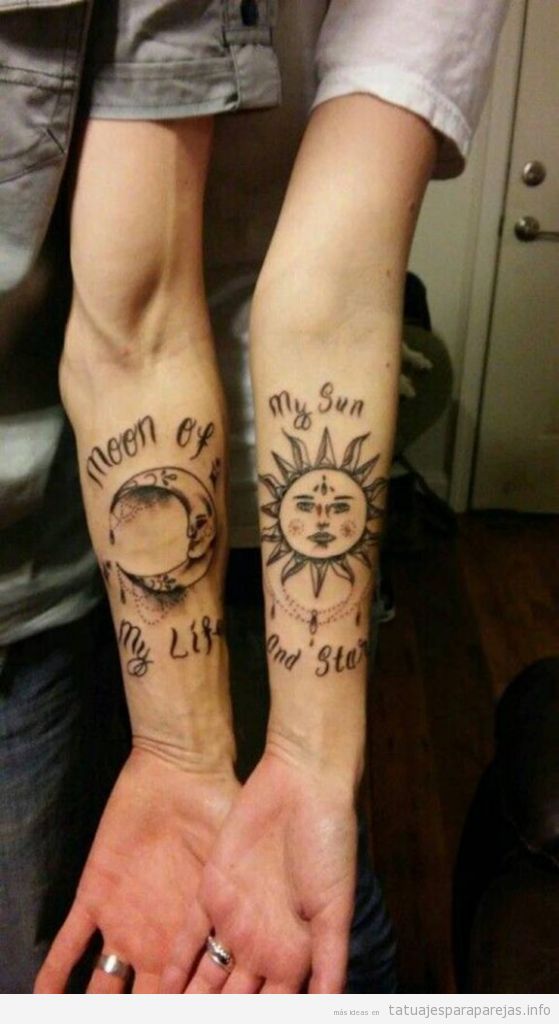 Tatuajes en pareja de la lun y el sol en antebrazo